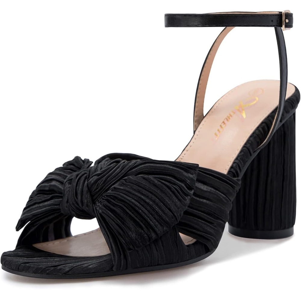 Athlefit Women's Open Toe Chunky Heels with Pleated Bow